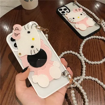 Sanrio Hello Kitty com Espelho de Maquiagem Telefone de Caso Para o Iphone 11 12 13 Pro Max Mini X Xr Xs 7 8 Plus SE Menina Dom Tampa à prova de Choque