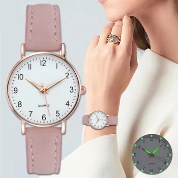 Mulheres Relógios Luminosos Bracelete De Couro Simples Relógio Elegante Moda Quartzo Relógio De Senhoras Relógios De Pulso Montre Femme Reloj Mujer