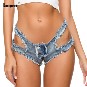 Ladiguard 2021 Sexy Ocos shorts jeans Mulheres Fashion Zíper do Short Jeans Emenda Botão Calcinha Senhoras Verão Rasgado hotpants