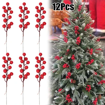 12pcs/set de Natal de Frutas Vermelhas Hastes Artificial Berry Buquê de Árvore de Natal Decoração Enfeite de Férias Floral Artesanato Decoração