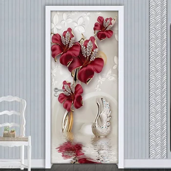 Flor vermelha Borboleta Jóias 3D Door Adesivos de Decoração de Casa Moderna Sala de estar na Porta do Quarto Decoração Adesivo de Parede papel de Parede Mural