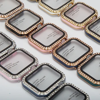 Caixa do diamante+temperado filme para a Apple, caixa de relógio de 44mm de 42mm de 40mm de 38mm de duas carreiras de diamante substituição de caso Para o iwatch 6 5 4 3 2 SE