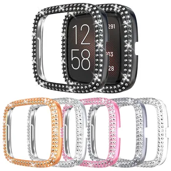 As Mulheres de luxo PC pára-choques para Fitbit Sentido Versa 3 2 caixa de Relógio de Duas Linhas de Diamante Cobertura Leve, Brilhante Shell Acessórios