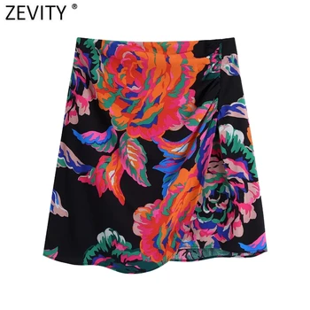 Zevity Mulheres do Vintage Correspondência de Cor estampa Floral Pregas Dividir Design Mini Saia Faldas Mujer Senhoras Chiques de Volta Zipper Vestido QUN894