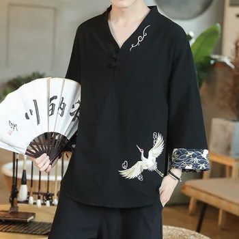 A primavera e o Outono Chinês Homens Guindaste Bordado Impressão de Retalhos Harajuku Asiático Moda Casual Japonês Streetwear Topo
