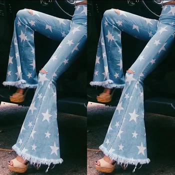 Mulher Moda Skinny Forma de Estrela Impressa com Borla Elástico Jeans Sexy High Street Bell Fundos Vintage Calças Flare