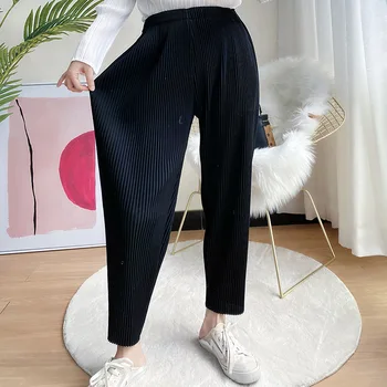 Miyake designer de moda feminina dobra pé de calças de outono e inverno engrossar cenoura calças de nove pontos finas calças de harém