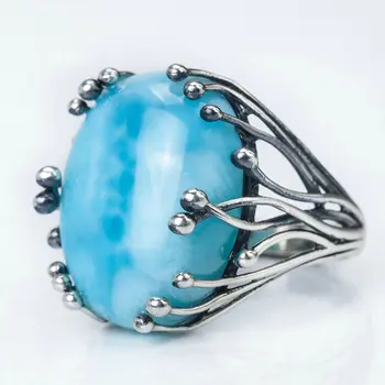Natural de Larimar 925 anéis de prata para mulheres azul Larimar pedra preciosa homem grande anéis de finas jóias anel de Abertura jóia de design oval 15X20mm