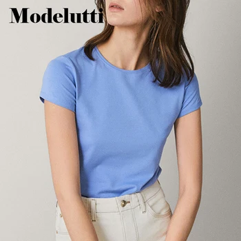 Modelutti de 2022, a Nova Moda da Primavera Verão de Manga Curta, Gola Redonda Básica Multicolor T-shirt das Mulheres Sólido Casual Simples de Tops Femininos