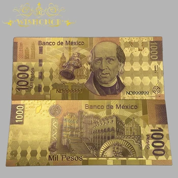 10pcs/lot Novo Colorido México 500 1000 Peso Mexicano Notas em Banhados a Ouro 24k Para Coleção