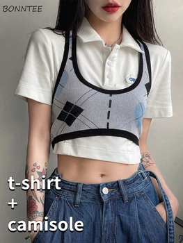Pescoço-montado Camisole Conjuntos Mulheres de Culturas Sexy Personalidade T-shirt Slim Doce de Todos-jogo Harajuku Design Faculdades de Verão Chic Lazer