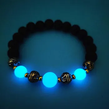 Moda corda Elástica Luminosa Perla o Bracelete Natural de Pedra de Lava Luminoso de Fluorescência Pulseira que brilha no Escuro para os Homens as Mulheres