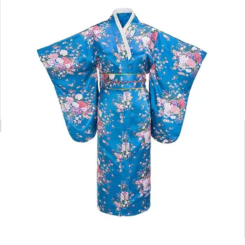 Elegante Longo Quimono Japonês Mulheres De Cetim Quimono Roupão Vestido De Yukata Com Obitage Imprimir Flor De Desempenho Do Vestuário De Robe Vestido