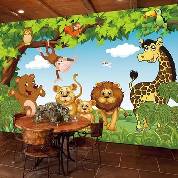 Personalizadas de Fotos em 3D papel de Parede, Pintura de Parede dos desenhos animados de Animais da Floresta de Árvores Sala de Crianças de Decoração do Quarto Mural de papel de Parede Leão