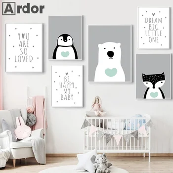 Nordic Penguin Fox Urso Polar Animal Cartaz Citações Tela De Pintura Bebê Do Berçário De Impressão Abstrato Arte De Parede Fotos De Decoração De Quarto De Crianças