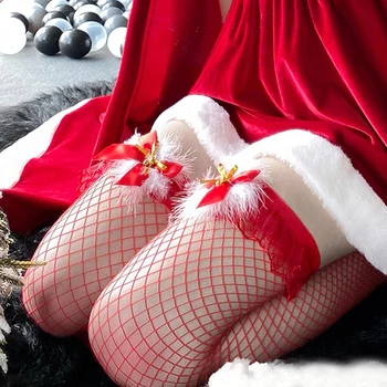 Mulheres Sexy De Natal Natal Papai Noel Cosplay Traje Mulheres De Vermelho Sexy Coxa Altos Meias Arrastão Bowknot Sobre O Joelho Meias