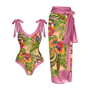 Moda cor-de-Rosa Impressão de Retalhos Um Maiô Sexy V-pescoço Laço do Biquíni Encontro sem encosto Slim Beachwear 2022 Novo