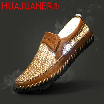 Alta Qualidade Plus Size de Couro dos Homens Sandálias de Verão Respirável Fly-tecidos de Malha Calçados costurados à Mão Sapatos de Couro Tamanho 38-50