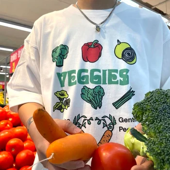 Caipira Vegetais Impresso Bonito Graphic Tee Branca De Algodão De Manga Curta Camiseta Casual Plus Size O Pescoço Estética Vegetarianos Camisas