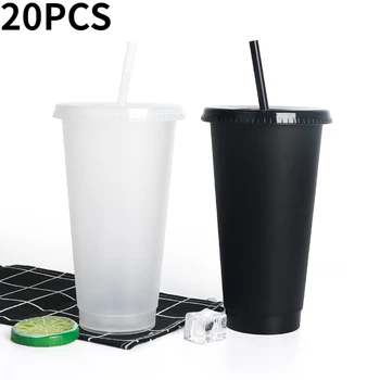 20PCS 710 ml Preto Branco Palha Copo Com Tampa de Mudança de Cor Xícara de Café Reutilizáveis Copos de Plástico, Copo de vidro com Acabamento Fosco Caneca de Café
