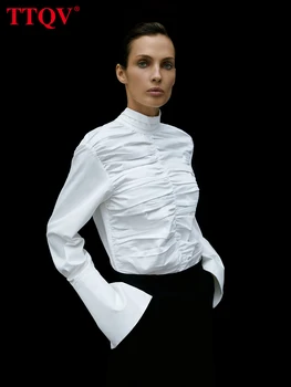 TTQV Branco Elegante Ruched Mulher Blusas 2022 Moda Gola Camisas Manga Longa Outono Slim Senhora do Escritório Camisa de Vestuário Feminino