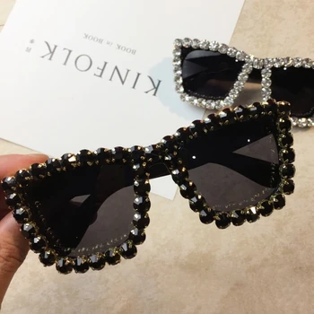 De grandes dimensões do cristal de rocha do Quadro de Praça Óculos de sol das Senhoras Diamante Óculos de Marca de Designer de Moda de Óculos de Sol UV400 Sombras para Mulheres