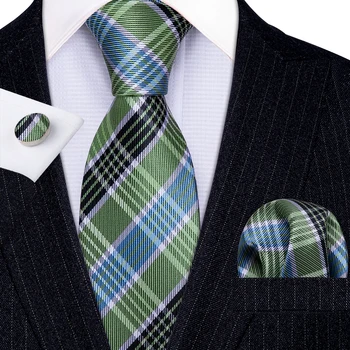 Moda De Luxo Verde Xadrez 100% Gravata De Seda Presentes Para Homens, Presentes Terno De Casamento Do Laço Barry.Wang Gravatas Japao Conjuntos de Negócio LN-5327