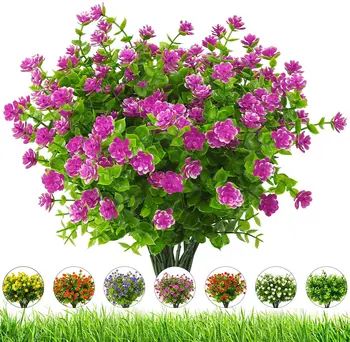 Flores artificiais Exterior,8 Pacotes Resistente UV Falso Flores,Flores de Plástico Verdura, Arbustos, Plantas