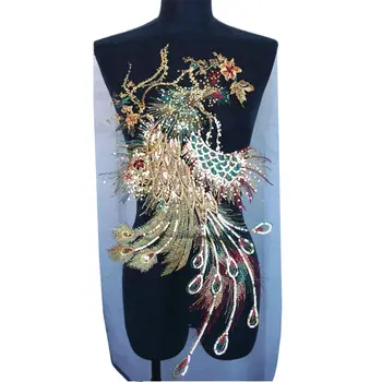 Bordado de Lantejoulas Pavão Phoenix Preto de Malha de Tecido do Laço Vestido de Apliques de Colarinho Costurar Patch Para Decoração de Casamento Vestido de DIY