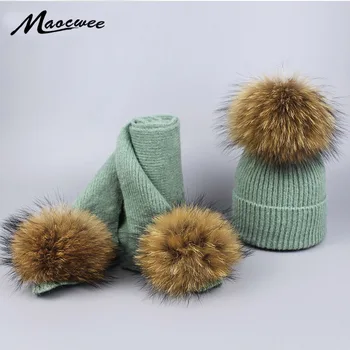 Inverno Mulheres da Moda de Topo de Malha Chapéus e Lenços Com Natural Raccoon Pele Pompons Crianças Chapéu de Inverno para o Ano Novo Dons