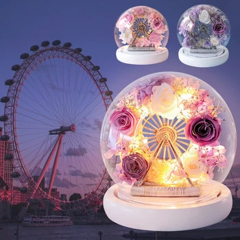 Eterna Flor Cúpula de Vidro, Roda-Gigante, com Luz LED Decoração Criativa de Presente para a Namorada de Presente de Aniversário o Dia das Mães