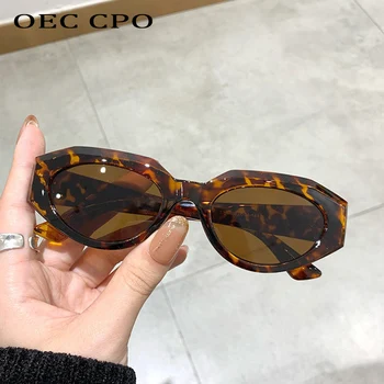 OEC CPO Punk Óculos estilo olho de Gato Mulheres do Vintage Pequeno Oval de Lentes de Óculos de Sol Femininos da Marca do Designer de Leopardo em Tons UV400 Óculos