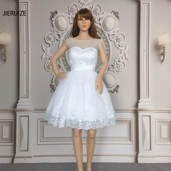 JIERUIZE Laço Branco Apliques de Pérolas Vestidos de Noiva Curtos Lace Up de Volta Vestido de Bola Vestidos de Noiva Vestido Real