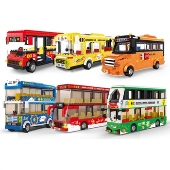 Tour de Ônibus BRT Double Deck Bus Blocos de Construção Técnica Vermelho Ônibus Escolar da Cidade de Carro Tijolos de Iluminação, Brinquedos para as Crianças Carro de Brinquedo