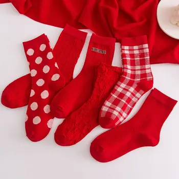 3 Pares De Moda De Nova Big Red Socks Líquido Vermelho Meio Popular Meias-Tubo Macio E Respirável Pontos Spot Meias