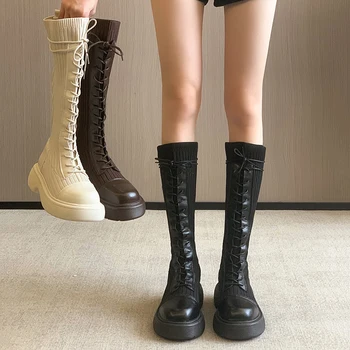 Elastic Botas Sapatos femininos 2021 Nova Primavera e no Outono, Moda de Malha Elástica Lace-up de Espessura com solado antiderrapante de Longa Botas