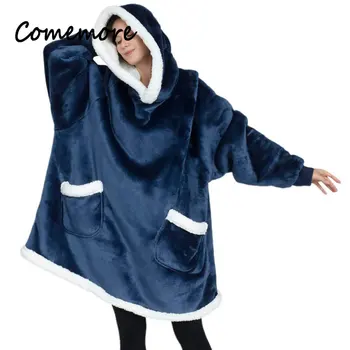 Comemore Oversized Capuz Cobertor com Mangas de Camisa Xadrez de Inverno Fleece Hoody Pijamas para Mulheres Femininas Outono Casa Desgaste