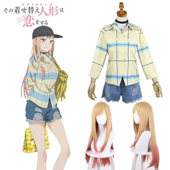 Anime o Meu Vestido de Darling Marin Kitagawa Cosplay Traje de Lazer Camisa de Listra Shorts Jeans Peruca Terno de Roupas de Halloween para as Mulheres