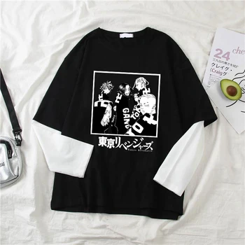Tóquio Vingadores de manga comprida T-shirt de Hip-hop e Streetwear 200s Outono Vintage Harajuku O Algodão com decote em Falso de Duas peças de cima Y2k Roupas