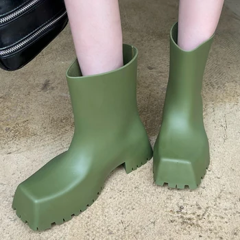 Slip-On Senhoras Tornozelo Rainboots Botas Para Mulheres 2023 Outono Dedo Do Pé Quadrado Sapatos Femininos Moda Plataforma De Curto Moderna Botinhas De Chuva