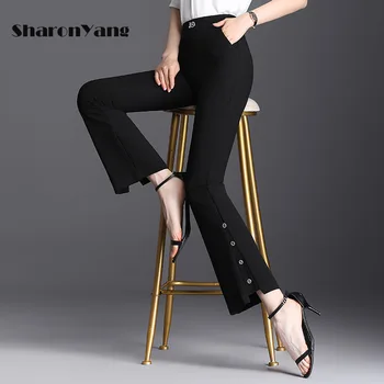 A coleção primavera / verão de calças de Mulher Elasticidade Sino Inferior Calças de Tamanho Grande, Cintura Alta e Elegante Calça Preta de Moda Senhoras de Calças Compridas