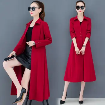 Blusão de Mulheres 2022 Primavera, Outono Casaco Elegante, Fino Sobre O joelho Longo Casaco Vermelho Preto Azul de Vestuário Feminino
