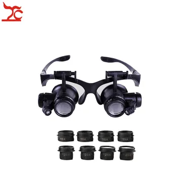 Profissional Ajustável de Reparação do Relógio de Segurança lente de aumento Dupla Olho Banda de Cabeça de Óculos Com 8 Lente LED Lupa Óculos