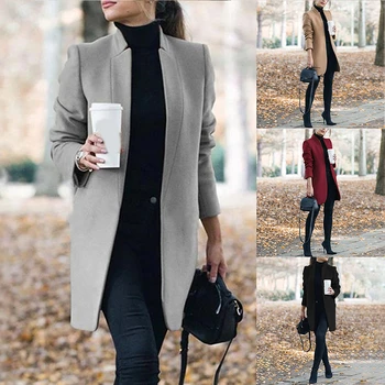 Mulheres Blazers Terno Escritório Cardigan Casaco De Lã No Outono Inverno Casaco De Moda Cor Sólida Terno Stand Colarinho Do Casaco
