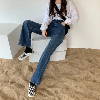 Outono de Jeans Para Mulheres de Cintura Alta Jeans Calças Vintage Calças de Elástico wide leg jeans Reta Feminino Calças compridas