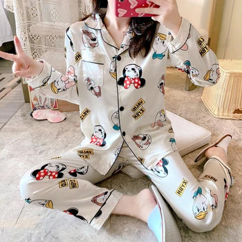 Disney Coleção Primavera / Verão De Seda Senhora Pijamas Mulheres Pijama Fofinhos, Nightdress De Lazer Branco Loungewear Pijama Mulher Mancha Sleepewear