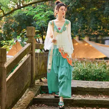 2023 étnico chinês do estilo do bordado manga comprida casaco calças compridas mulheres solto e casual de verão novo estilo retro chinês conjunto g591