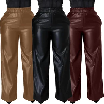 Mulheres PU Couro sintético em linha Reta Calças de Cintura Alta Fêmea Solta a Perna Larga Calças Bolso Moda Vintage Calças de Lazer