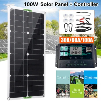100W Kits de Painel Solar 12V/24V com 30A/60A/100A Controlador de Célula Solar Dual USB para Carro Iate RV Barco de Carga da Bateria do Telefone Móvel