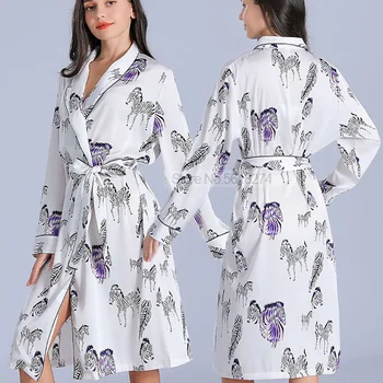 De impressão de Zebra Pijamas Mulheres Robe de Cetim Com Cinto de Sexy Quimono Roupão Vestido Solto de Dormir Loungewear Vire para baixo de Gola da Camisola